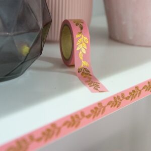15mm x 10m LEAVES PINK & GOLD washi tape for crafts & home decor (CYW1346)