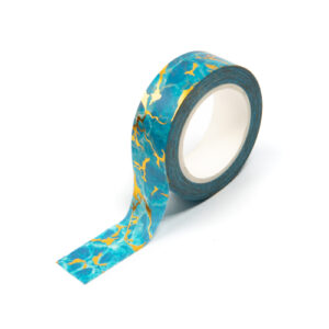 15mm x 10m SPRIGS AQUA BLUE & GOLD MARBLE washi tape for crafts & home decor (CYW0206)